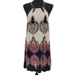 Paisley Halter Mini Dress Womens Size L Navy Cream Boho Summer Beachy Resort